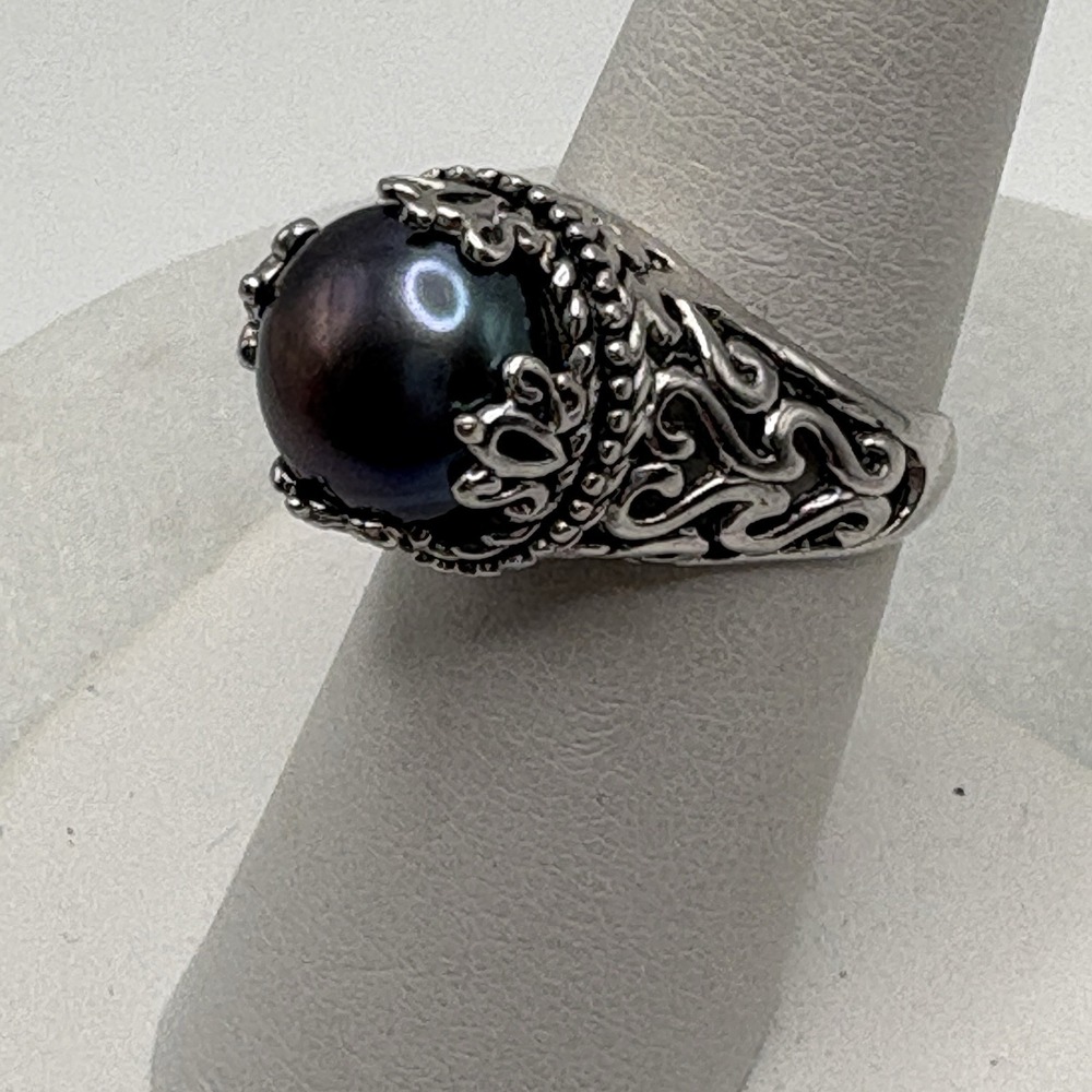 CFJ Sterling Silver Tahitian Pearl Ring 7 Crown Setting Filigree Oil Slick